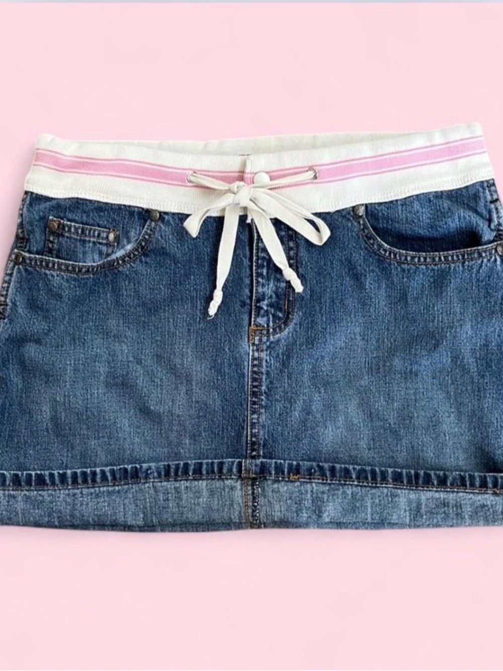 SO Denim Mini Skirt with White Drawstring and Pink Stripe